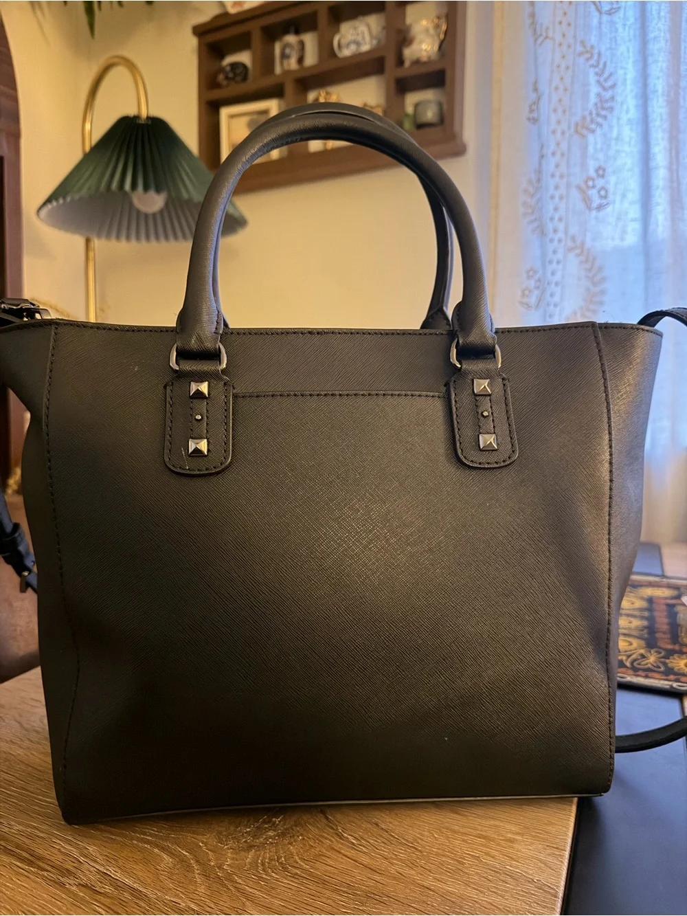 Michael Kors Black Tote Saffiano Studde Leather Satchel with Gold Hardware